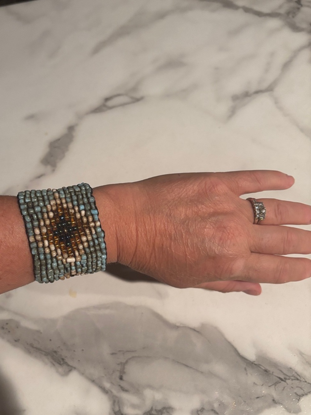 Source Unknown Handwoven Beaded Cuff Bracelet in Blue and Tan